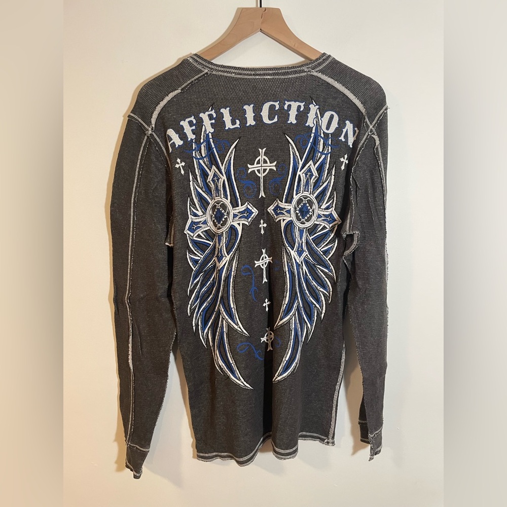 VTG Affliction Y2K Reversible Long Sleeve Gray Shirt Large Grunge Cross Wings - Picture 2 of 8
